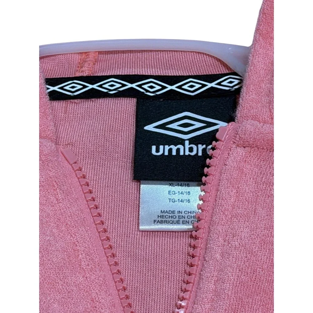 NWT Umbro Girls XL‎ 14/16 Hooded Track Jacket Pink Red Trim Terry Cloth Full Zip